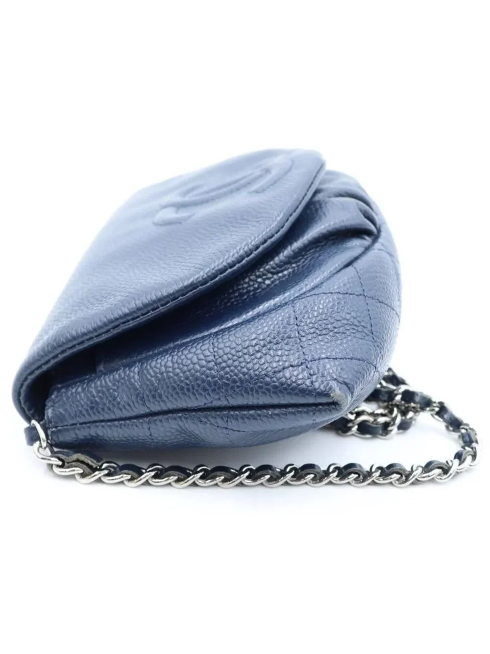 Chanel Half Moon Chain Mini Shoulder Bag Navy Caviar Leather Silver